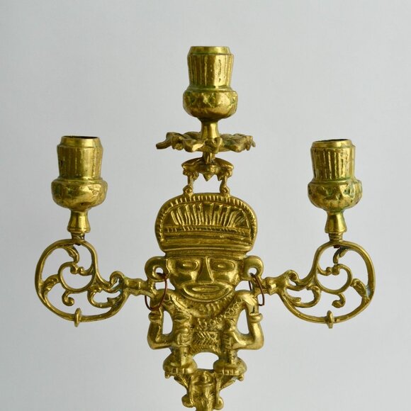 Vintage Brass Figural Candelabra 3-Arm Pre-Columbian Style Tribal Design Candle - Picture 2 of 14